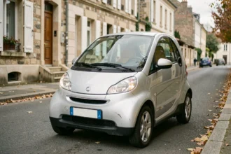 Microcar d'occasion garé dans une rue résidentielle française, vue 3/4 avant montrant les signes d'usure typiques d'un véhicule sans permis