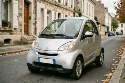 Microcar d'occasion garé dans une rue résidentielle française, vue 3/4 avant montrant les signes d'usure typiques d'un véhicule sans permis