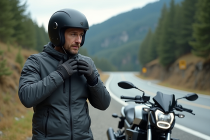 Homme en moto ajustant ses écouteurs avant une balade