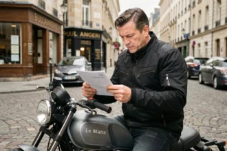 Motard au Mans consultant son contrat d'assurance moto assis sur sa moto en ville