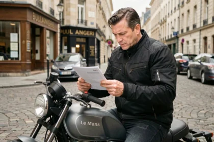 Motard au Mans consultant son contrat d'assurance moto assis sur sa moto en ville