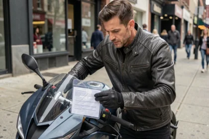 Motard fixant un porte-document réglementaire transparent sur le guidon de sa moto en milieu urbain