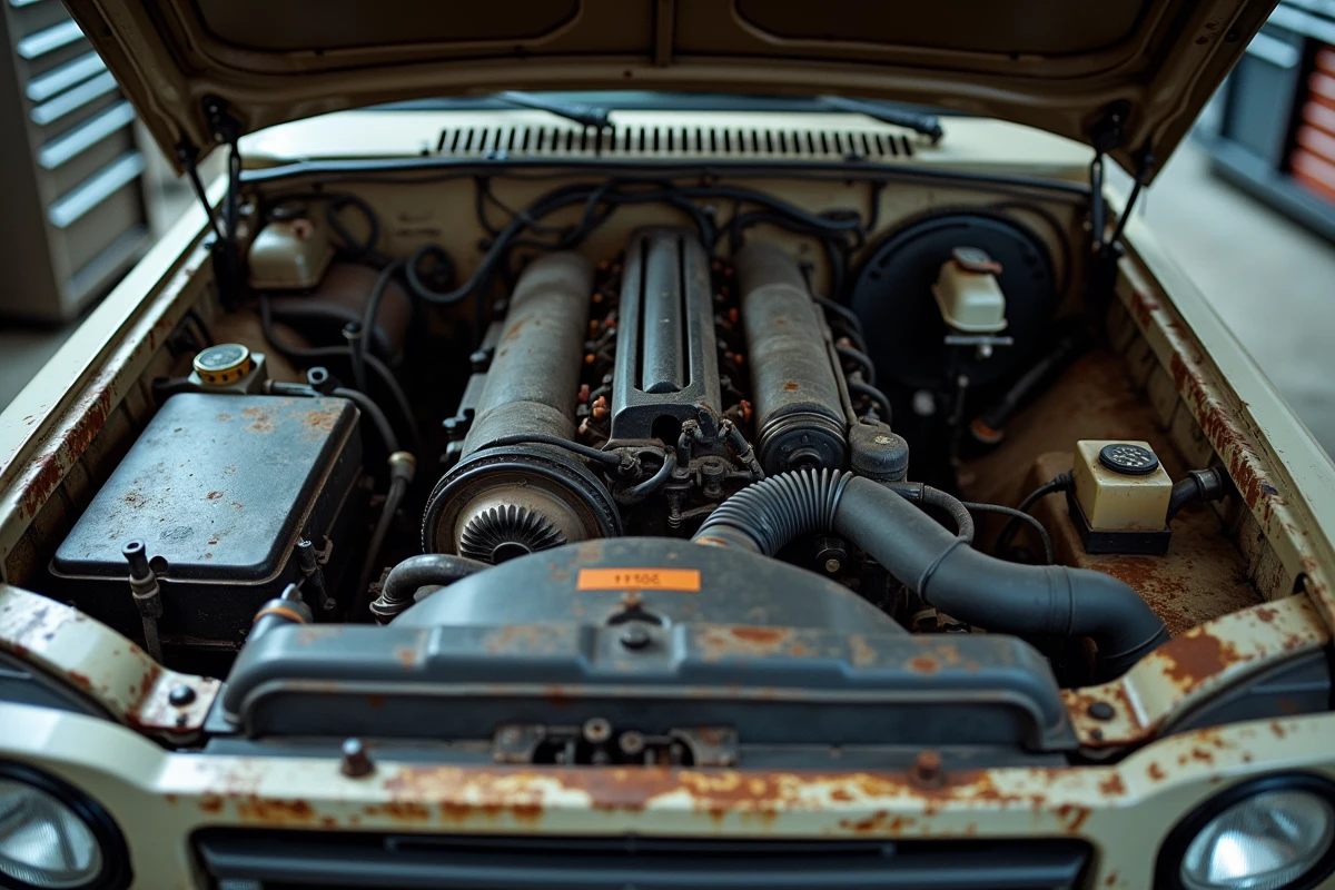 Moteur 1HD-FTE turbo diesel du Toyota Land Cruiser 100 HDJ ouvert dans un atelier mécanique, détails des composants usés et bien entretenus d'un véhicule à fort kilométrage