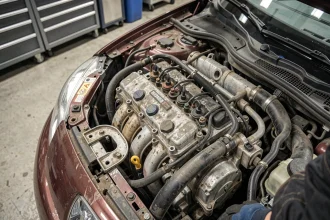 Moteur 1.6 HDI Peugeot ouvert avec injecteurs visibles dans un atelier mécanique professionnel