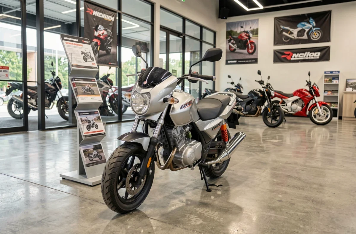 Moto 50cc neuve exposée dans une concession moto avec étiquette de prix visible