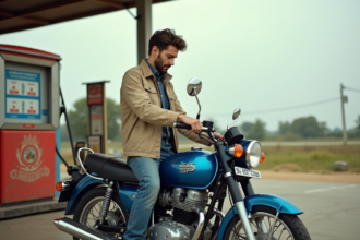 Jeune homme lisant le réservoir d'une moto bleue en campagne