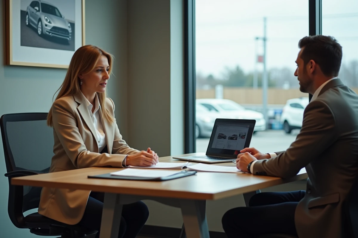 Femme en blazer négociant un achat de voiture de luxe face à un vendeur dans un bureau de concession