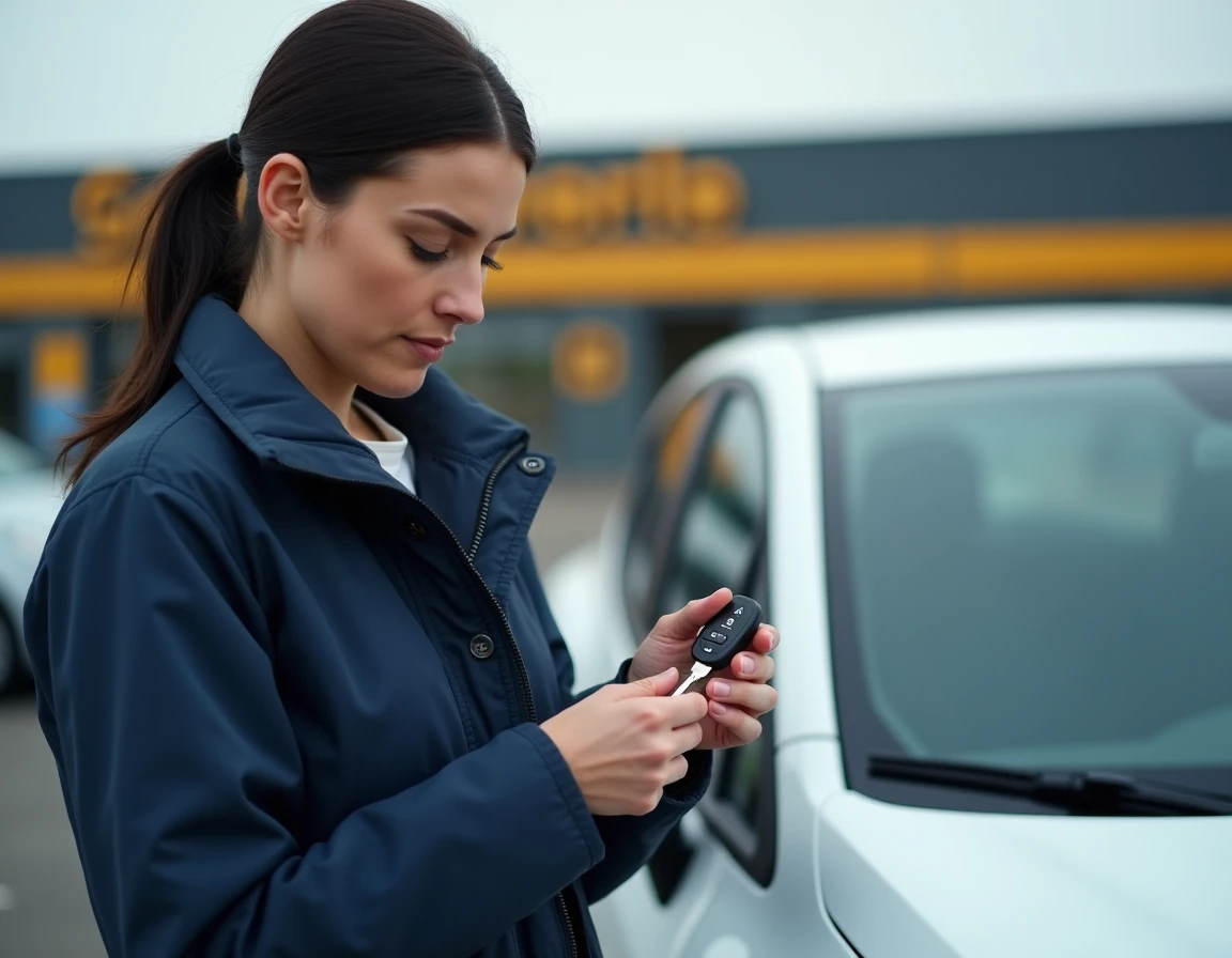 Femme ouvrant le boîtier de la clé télécommande d'une Clio 4 sur un parking de supermarché