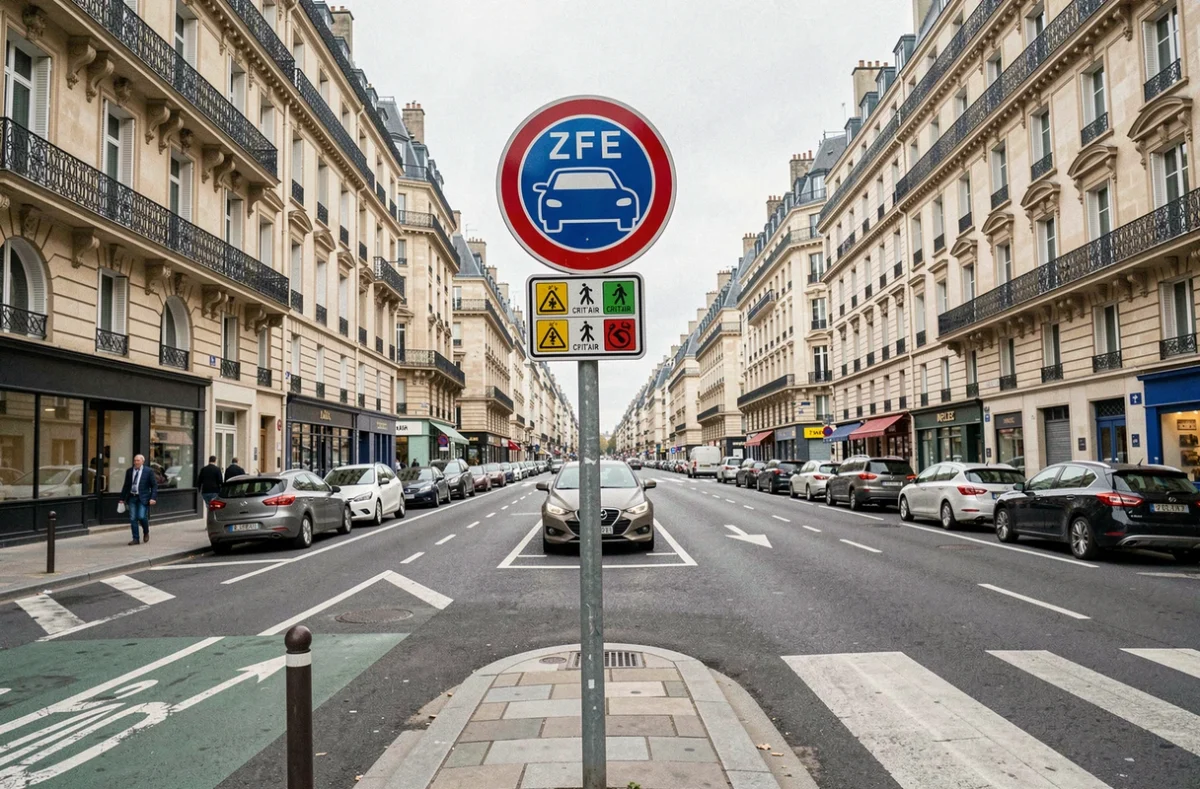 Panneau de zone à faibles émissions ZFE avec classification Crit'Air en centre-ville français