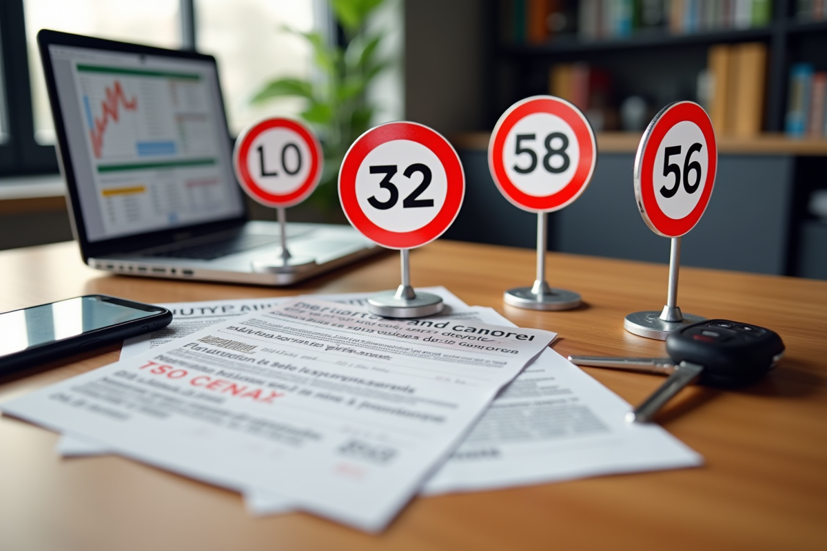Différents panneaux de limitation de vitesse et une contravention sur un bureau