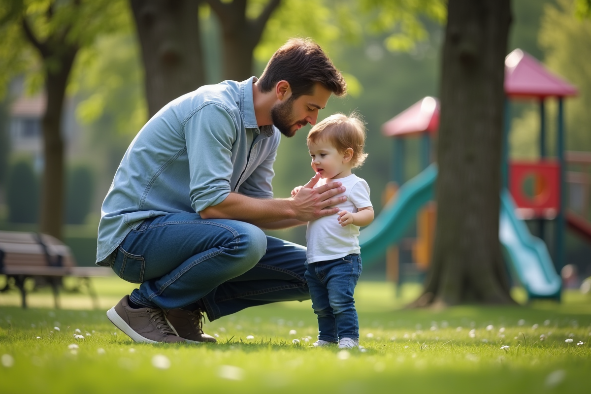 Père réconfortant son enfant dans un parc suburbain