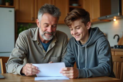 Père et fils regardant des documents d'assurance auto à la maison