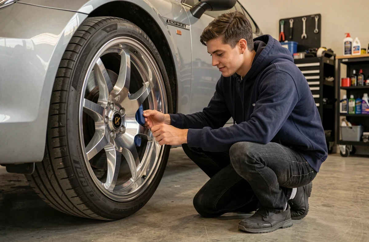 Jeune passionné automobile inspectant une jante aluminium brillante fraîchement peinte dans un garage privé