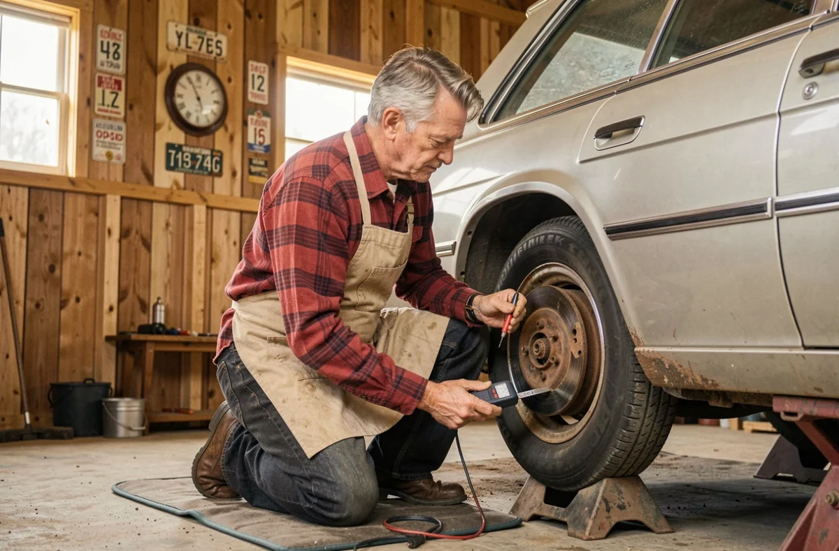 Passionné automobile inspectant la couronne phonique d'un capteur ABS sur une vieille voiture américaine dans un atelier rural