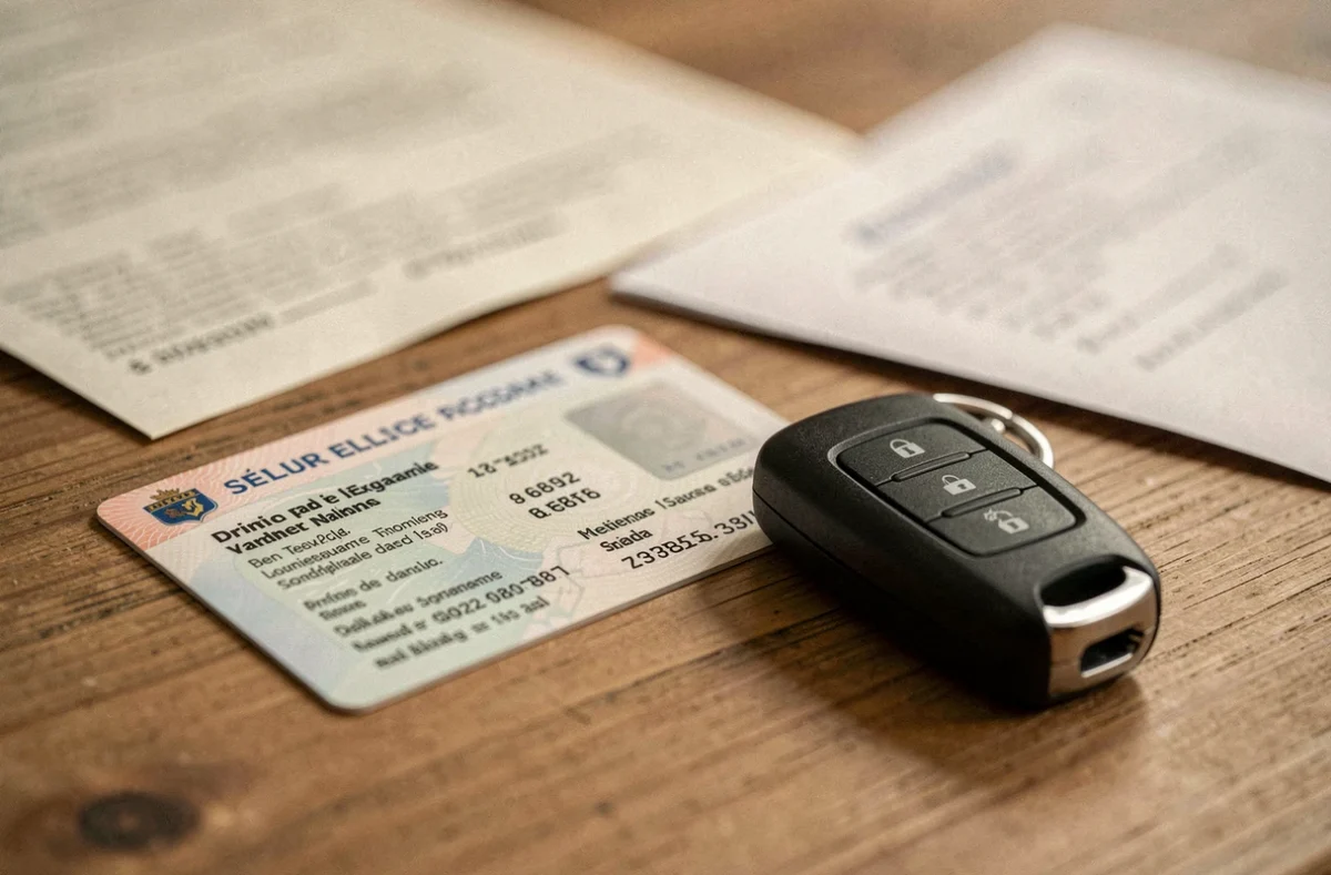 Permis de conduire, clé de voiture sans permis et documents légaux posés sur une table en bois, symbolisant la réglementation juridique des VSP