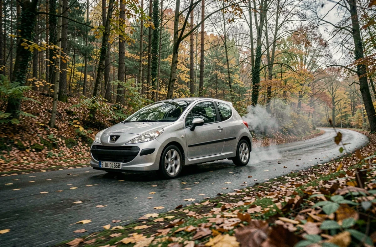 Peugeot 207 HDI roulant sur route mouillée avec légère fumée d'échappement liée au code P1351