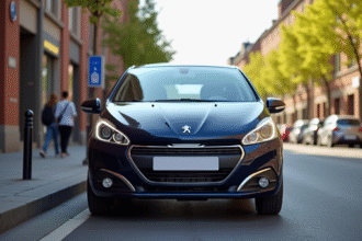 Peugeot 208 garée en ville en plein soleil