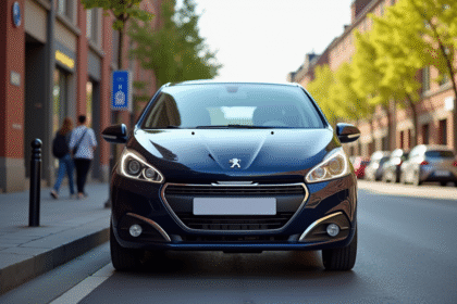 Peugeot 208 garée en ville en plein soleil