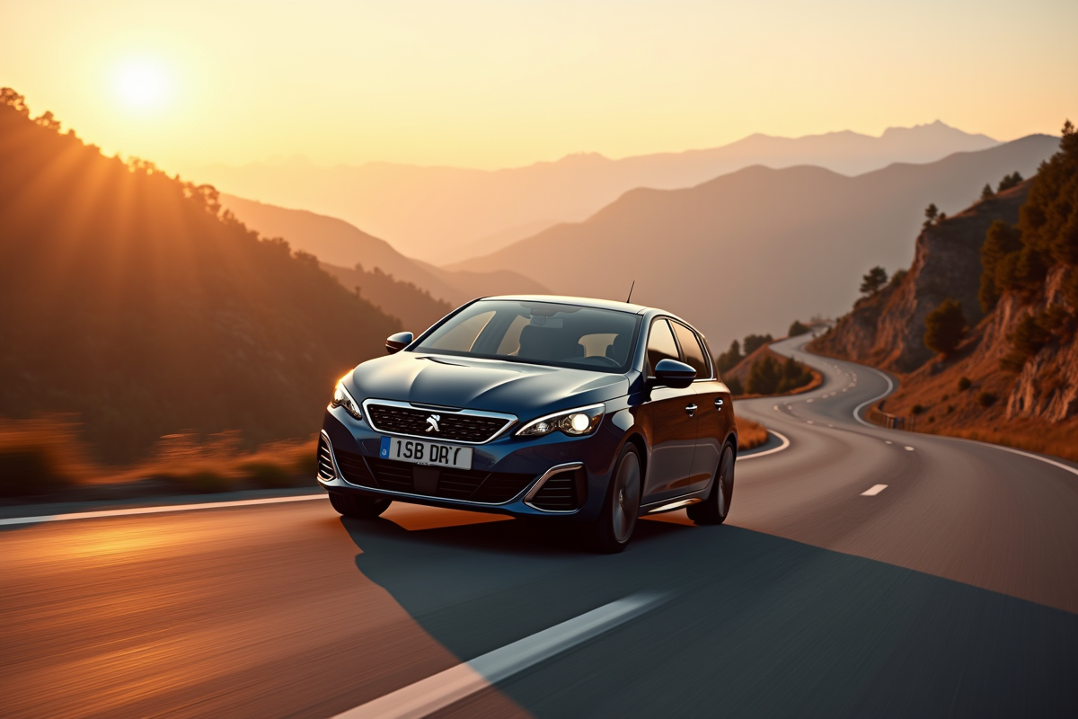 Peugeot 308 GTI en mouvement en montagne au golden hour