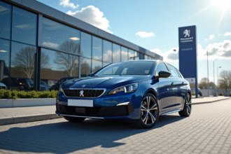 Peugeot 408 neuve devant un concessionnaire en journée