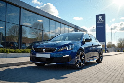 Peugeot 408 neuve devant un concessionnaire en journée