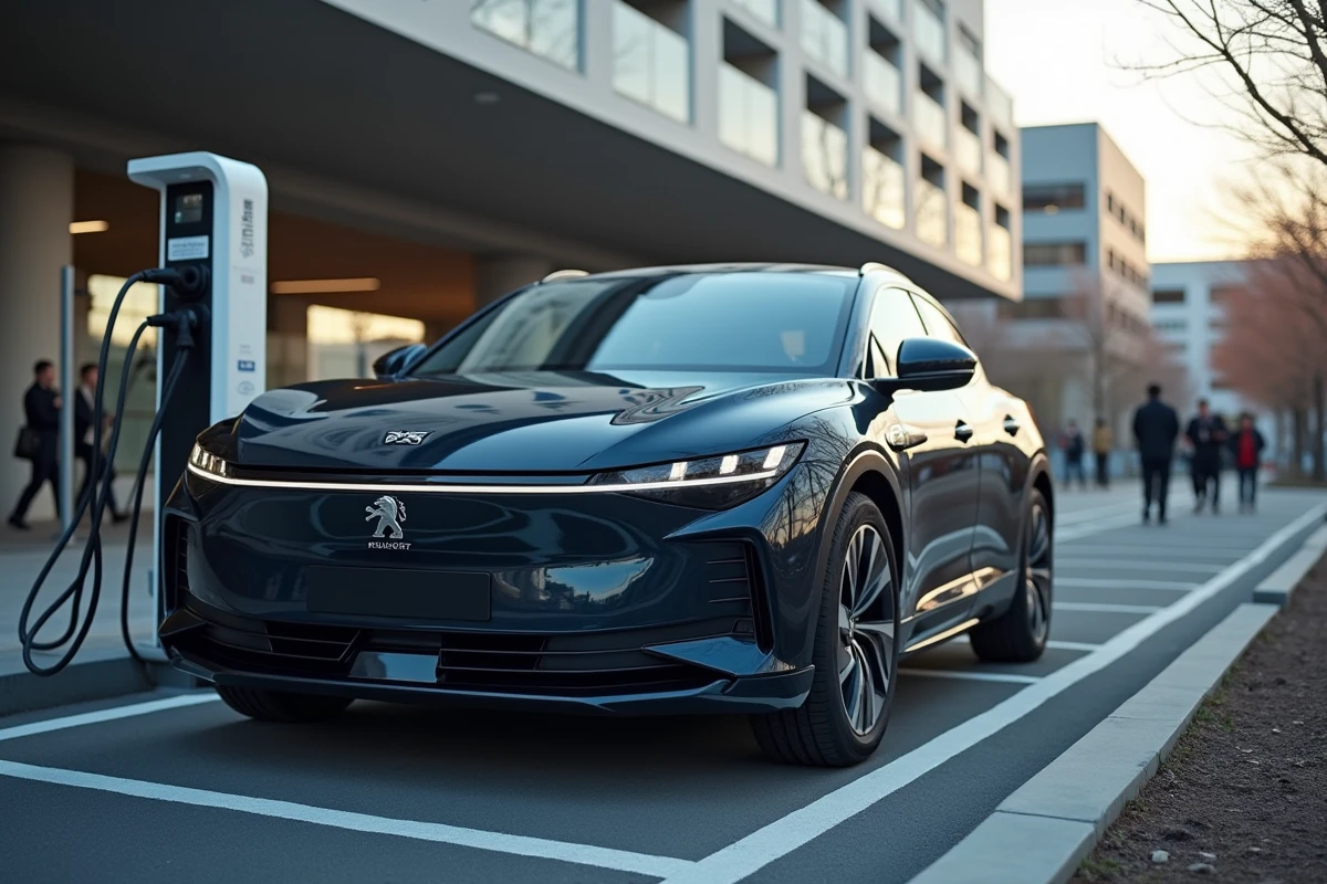 Voiture électrique Peugeot en charge avec logo lion visible dans un parking urbain moderne
