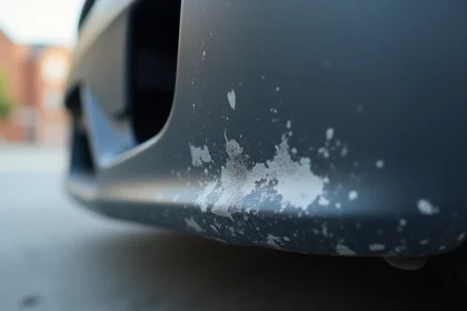 Gros plan sur un pare-chocs en plastique rayé gris foncé d'une voiture avec des éraflures de surface visibles