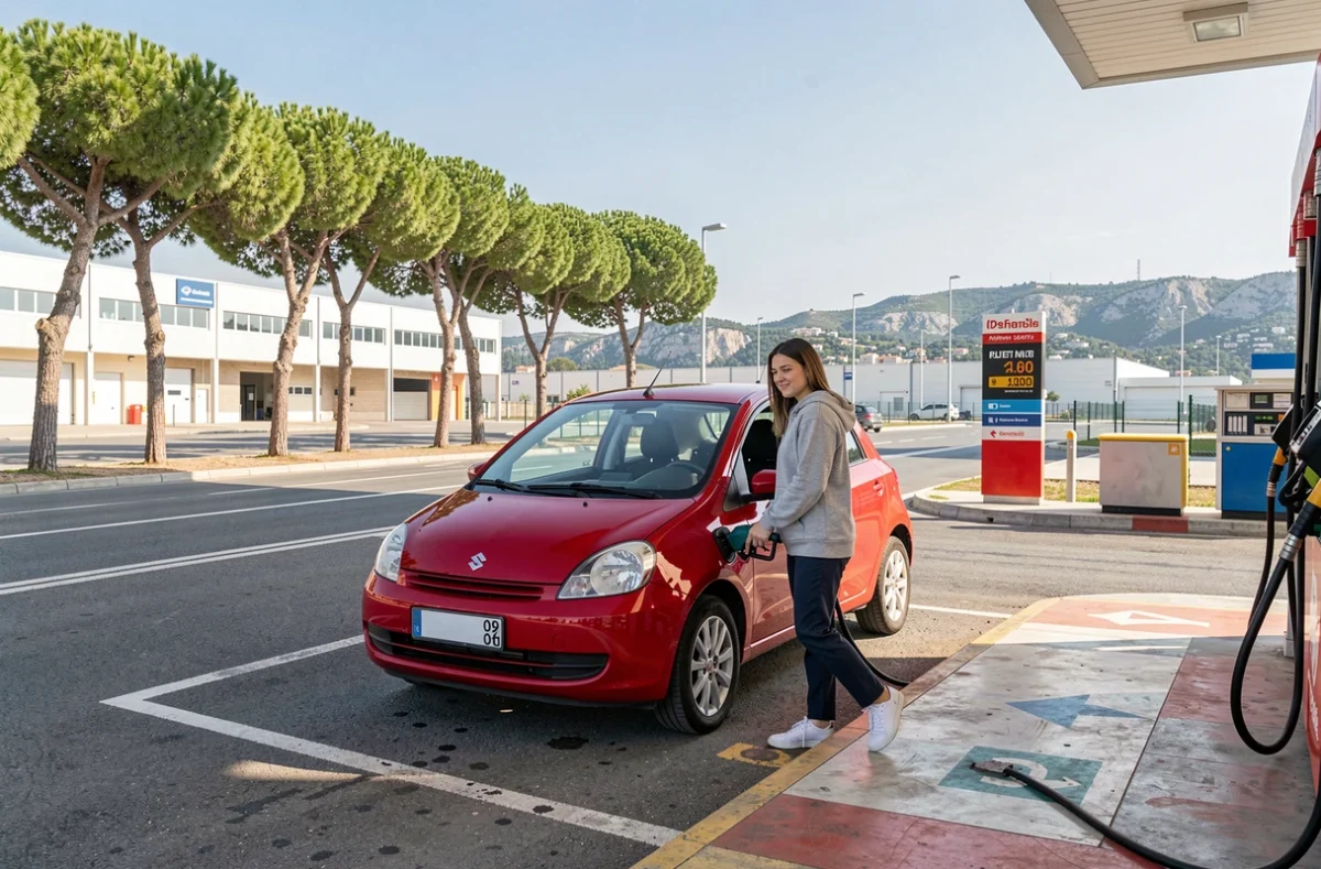 Femme faisant le plein dans une station-service économique en périphérie de Marseille
