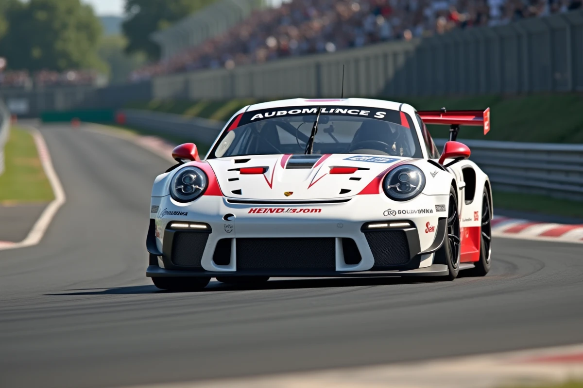 Porsche 911 GT3 Cup en pleine attaque dans un virage serré sur circuit, pneus en appui et carrosserie racing bien visible