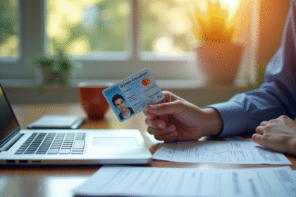Personne tenant un permis de conduire français récent au bureau