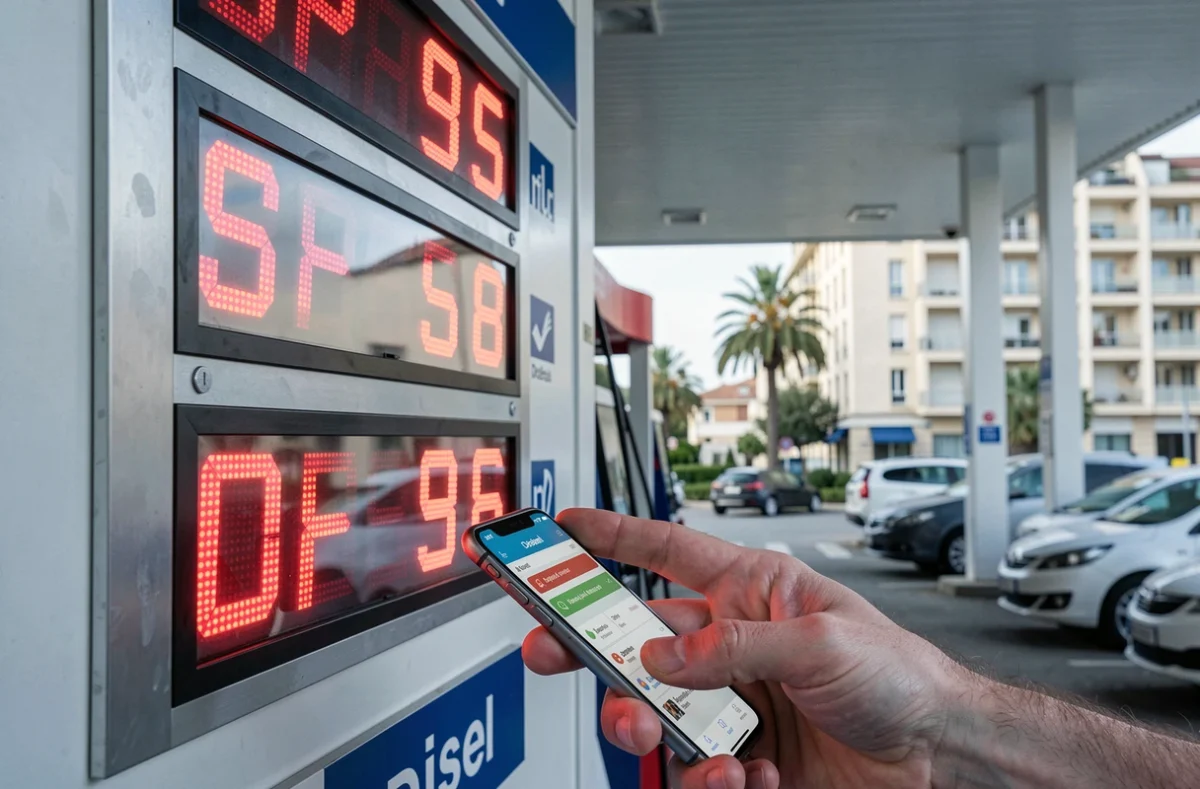 Affichage des prix du carburant sur un panneau de station-service bon marché à Marseille