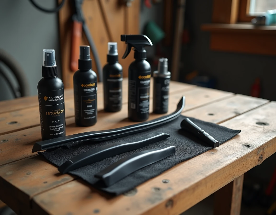 Produits rénovateurs plastique pour voiture disposés sur un établi avec une pièce de garniture rayée en cours de traitement