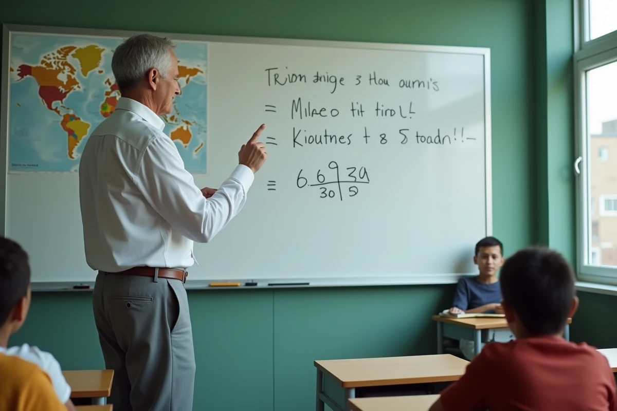 Professeur expliquant la formule de conversion miles par heure en kilomètres par heure au tableau en classe