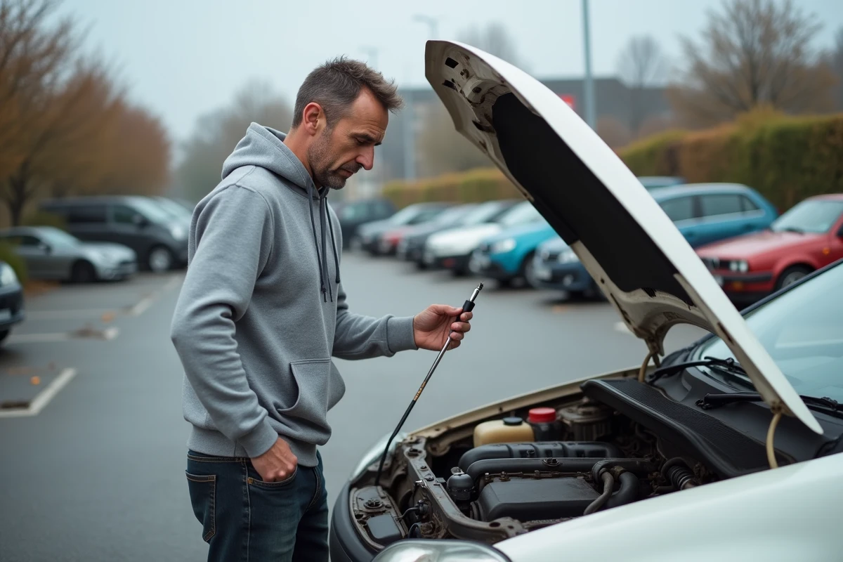 Propriétaire de Renault vérifiant l'huile moteur d'un 1.5 dCi sur un parking