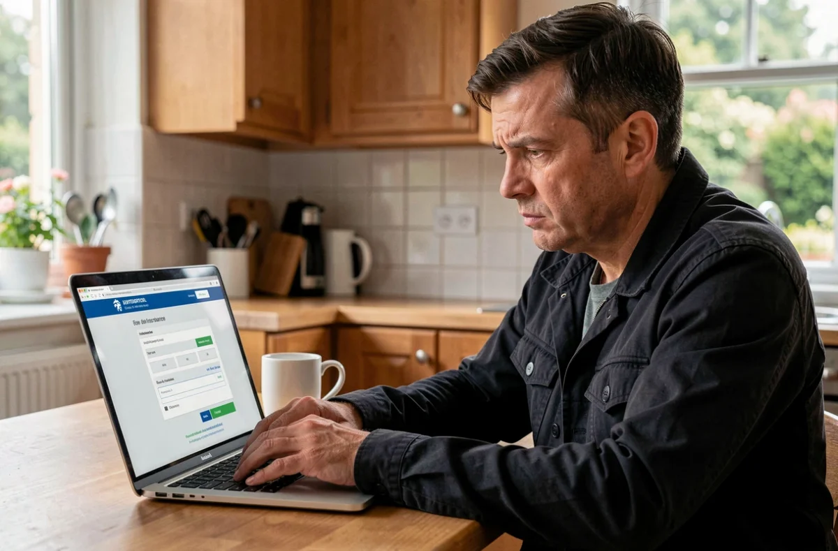 Homme recherchant une assurance moto en ligne sur un ordinateur portable dans sa cuisine