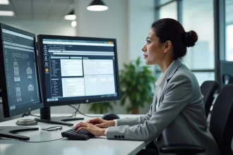 Technicienne automobile configurant les réglages du logiciel Dialogys sur un poste de travail double écran dans un bureau de concession