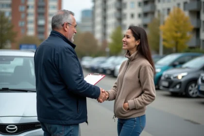 Homme et femme se serrant la main près d'une voiture en ville
