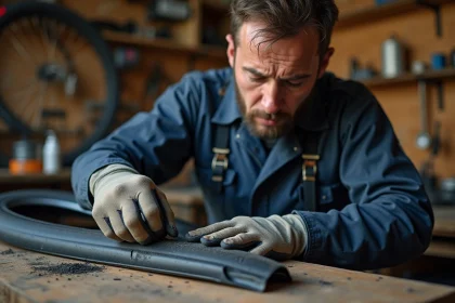 Mécanicien inspectant une grosse entaille sur un pneu tubeless de VTT dans un atelier de réparation
