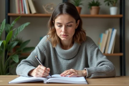 Femme adulte révisant son code de la route à son bureau avec des notes manuscrites et un manuel officiel