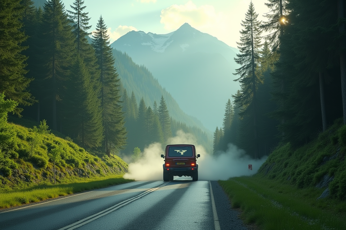 SUV émettant du noir de pollution en pleine nature