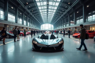 Vue grand angle du Salon de l'Automobile de Paris 2026 avec visiteurs découvrant les nouveaux modèles dans un hall d'exposition architectural
