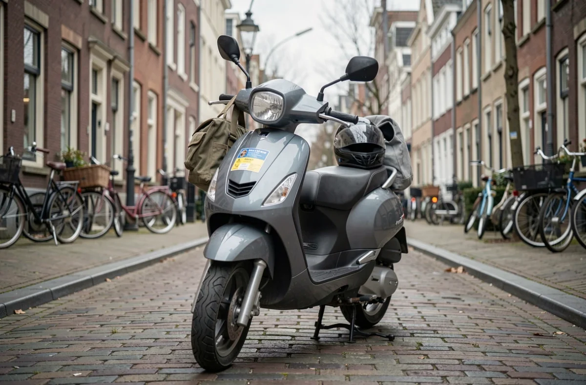 Scooter 125cc garé en ville avec vignette d'assurance visible sur le carénage