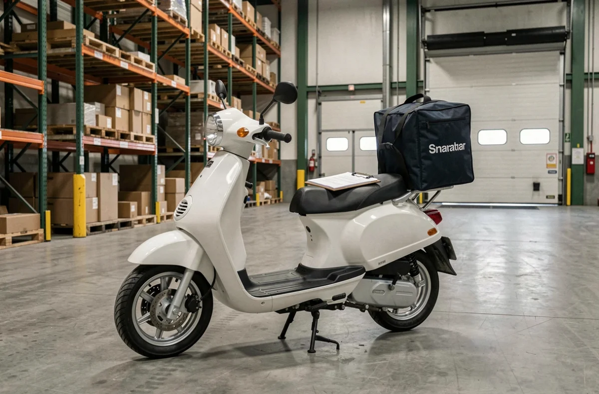 Scooter 50cc professionnel garé dans un entrepôt logistique avec matériel de livraison