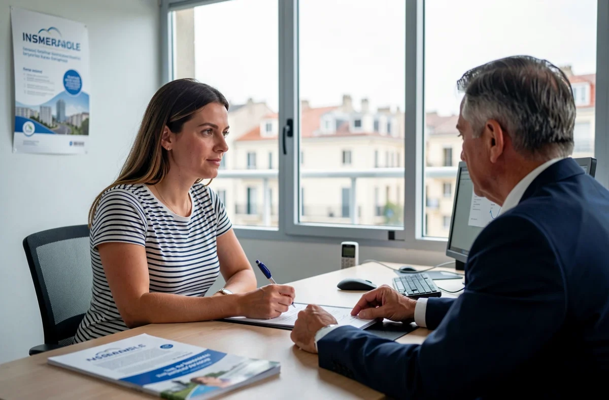 Femme signant un contrat d'assurance voiture dans une agence à Marseille avec un conseiller