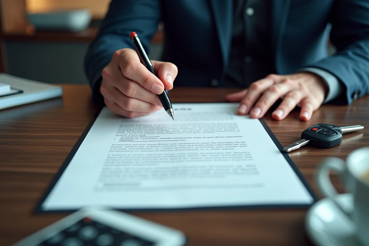 Gros plan de mains tenant un stylo au-dessus d'un contrat de vente automobile avec clés de voiture de prestige