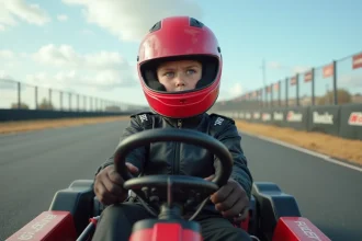 Jeune adolescent en combinaison de pilotage au volant d'un kart sur circuit lors d'un stage de pilotage enfant