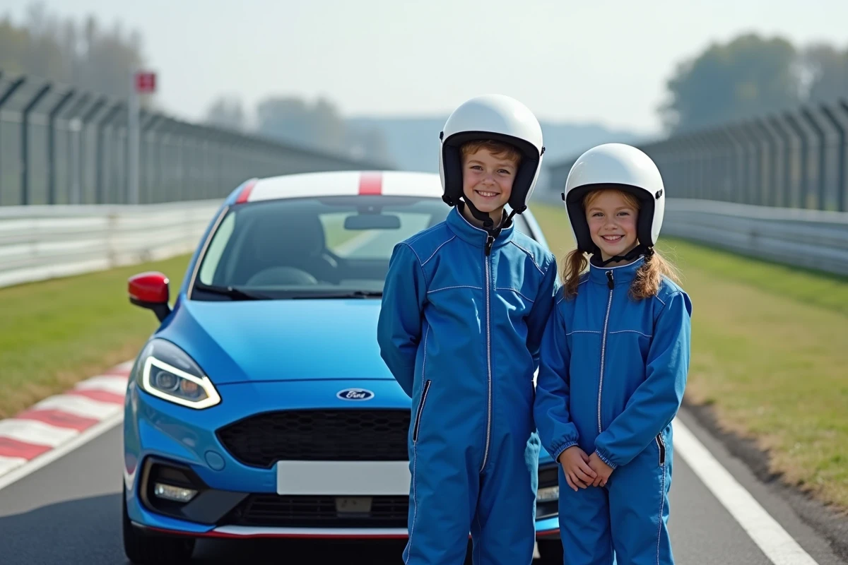 Deux jeunes participants en tenue de pilotage posant devant une voiture de stage sur un circuit automobile professionnel