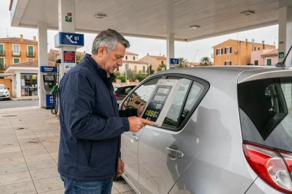 Conducteur lisant les prix du carburant à une station-service économique de Marseille en 2026