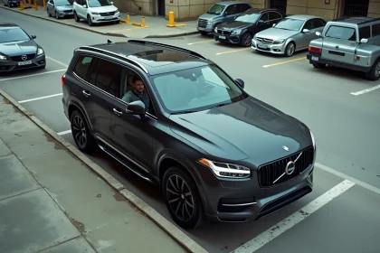 Grand SUV noir se garant difficilement dans une place de parking standard aux dimensions insuffisantes en milieu urbain