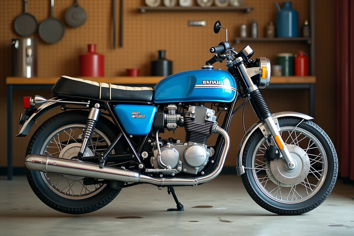 Suzuki GT750 bleu Crystal restaurée en atelier vintage, moteur deux-temps triple cylindre refroidi par eau visible